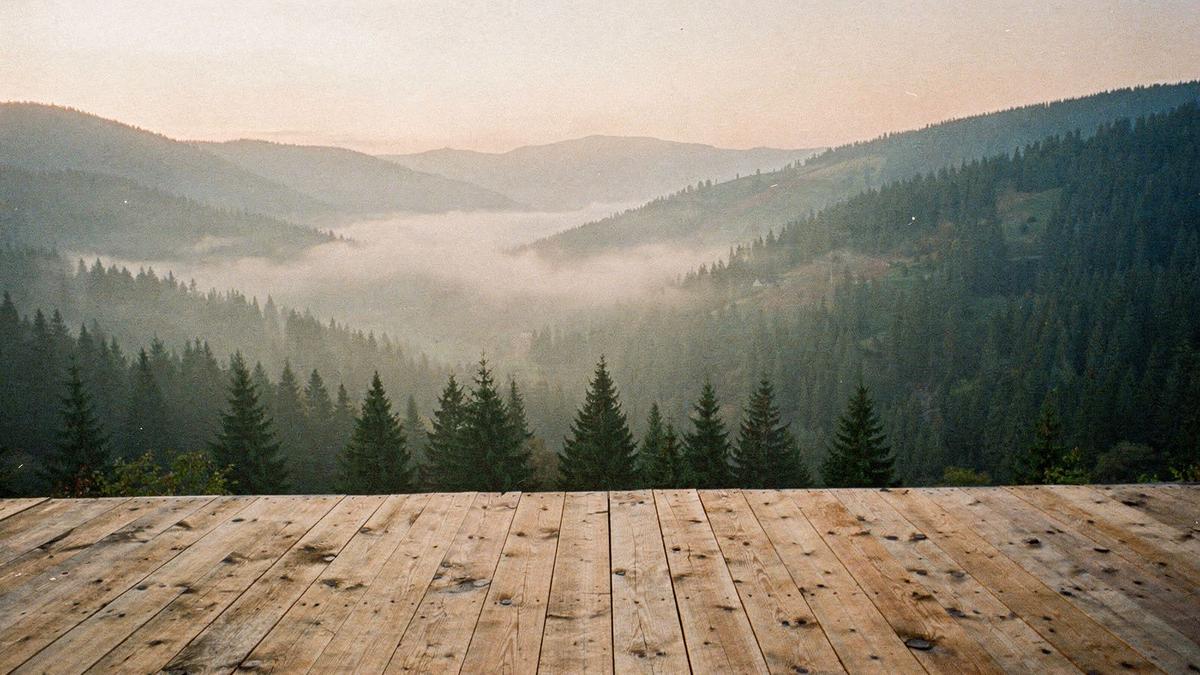 Wooden lodge terrace above a misted Carpathian valley at sunrise