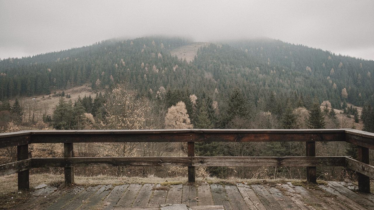 Forested Carpathian ridge rising above a mountain guesthouse terrace at midday