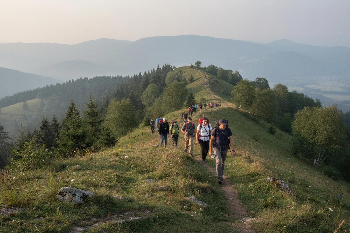 Guided group walking a grass and forest track on the Borzhava ridge in the Ukrainian Carpathians